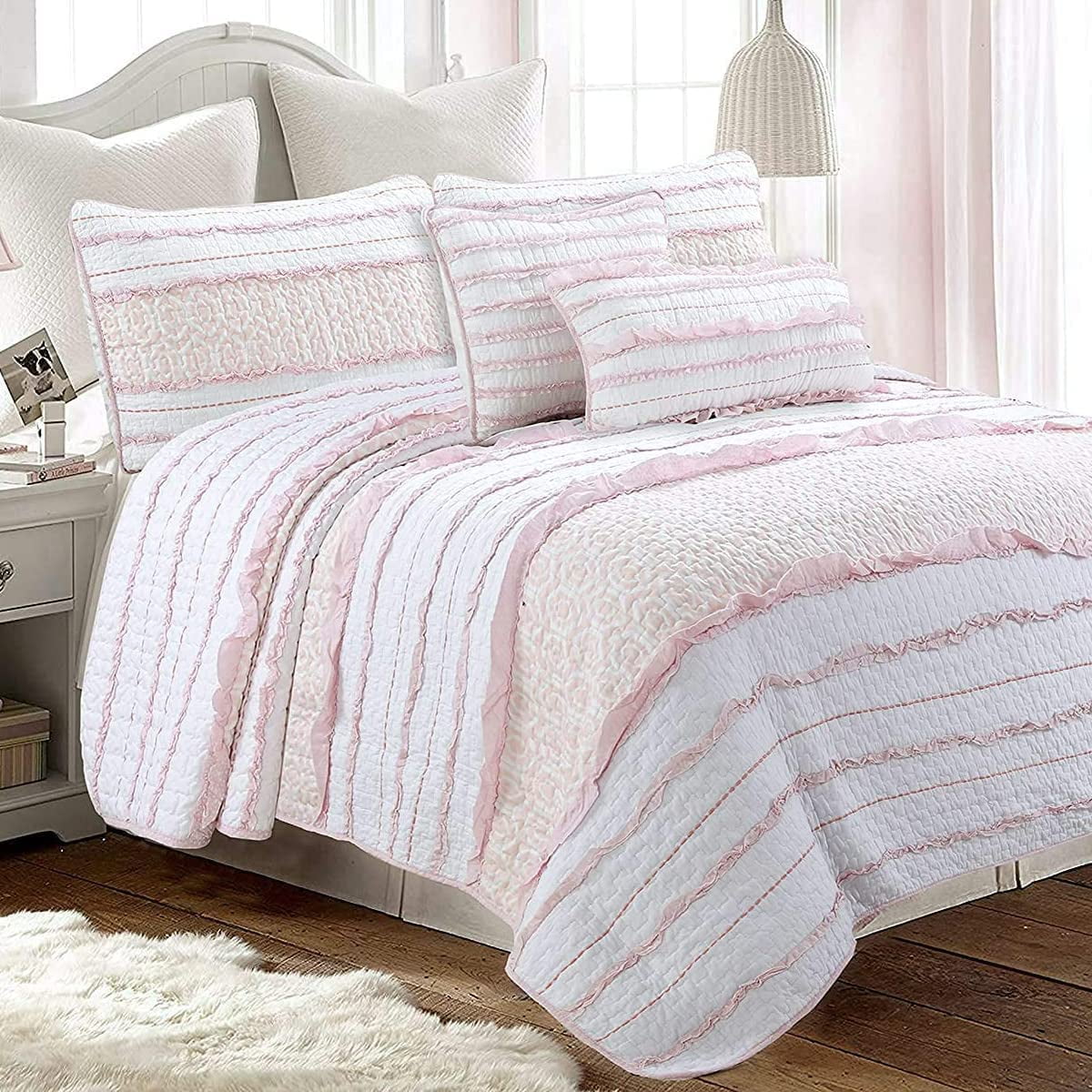 Cozy Line Home Fashions Pink Princess Ruffle Stripe 100% Cotton Girls Reversible Bedding Quilt Set (Pink Princess, Twin - 2 Piece)
