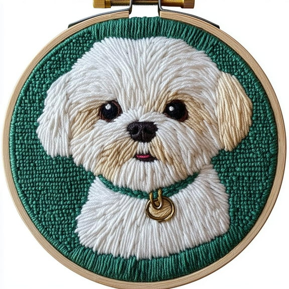 DIY Punch Needle kits Cute Maltese Dog Easy for Beginners Punch Needle Yarn Starter Embroidery Set for Craft lovers with Hoop for Home Decor 20x20cm(2)