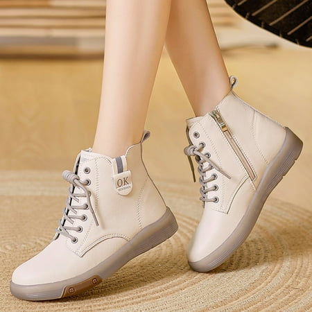 

Tawop Walking Shoes Women Comfort High Tops High Heel Boot Flat Zipper Calf Boots Vintage Western Shoes Pu Beige 35(Us:4.5)