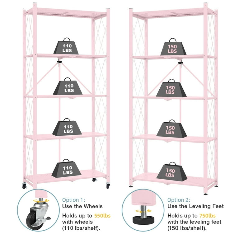 Cookcok 5-Tier Storage Shelving Unit, Metal Shelf 27.9 inchx13.4 inchx62.5, Foldable Storage Shelf with Wheels, Garage Shelf, Kitchen Shelf with 4 Cookcok 5-Tier Storage Shelving Unit, Metal Shelf 27.9 inchx13.4 inchx62.5, Foldable Storage Shelf with Wheels, Garage Shelf, Kitchen Shelf with 4