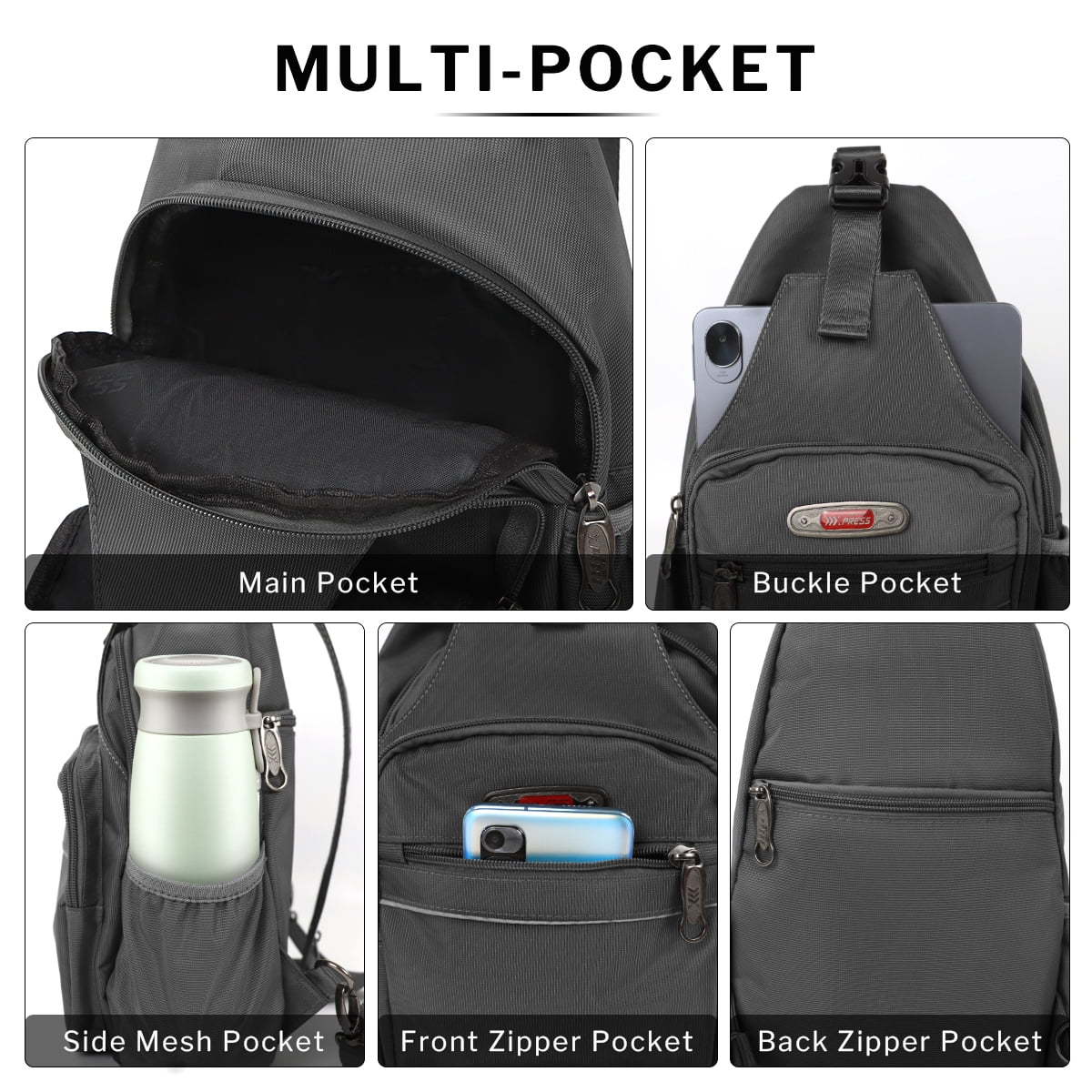 Sling Bags for Men Women Crossbody Small Sling Backpack with Single Double Shoulder Lightweight Over Shoulder Bag for Daily Travel Use,8610-Grey