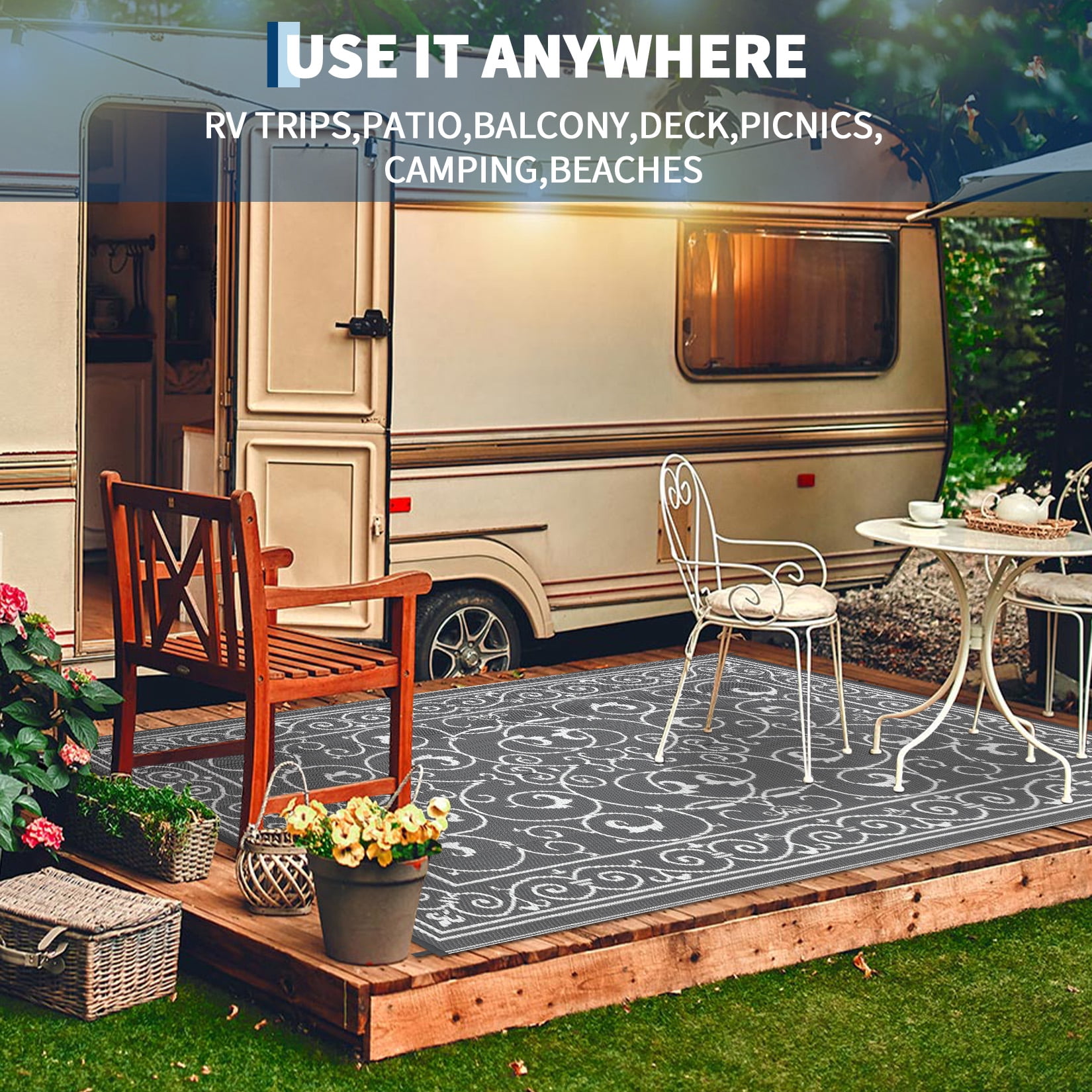 Garvee 9'x12' Outdoor Rug Waterproof Plastic Straw Rug, Reversible Outside Carpet UV Resistant Modern RV Mat for Backyard Garden Deck Poolside, Gray