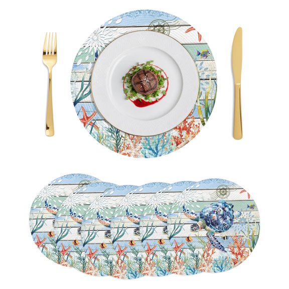 Round Placemats Sea Turtle 15 inch Set of 6 Table Mats for Dining Table Ocean Coral Starfish Heat Resistant Non-Slip Kitchen & Home Decorative Place Mat Set
