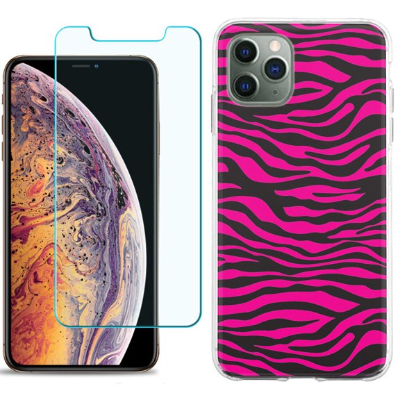 For Apple iPhone 11 Pro Case , Slim-Fit TPU Protective Phone Case with Tempered Glass Screen Protector, by OneToughShield ® - Zebra Pink
