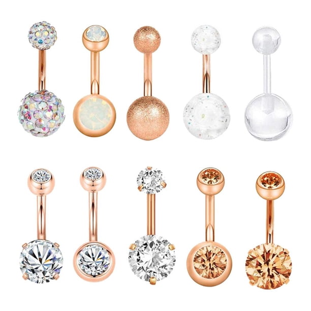 Lote de 10 piercings para el ombligo con forma de bola de cristal Oro rosa