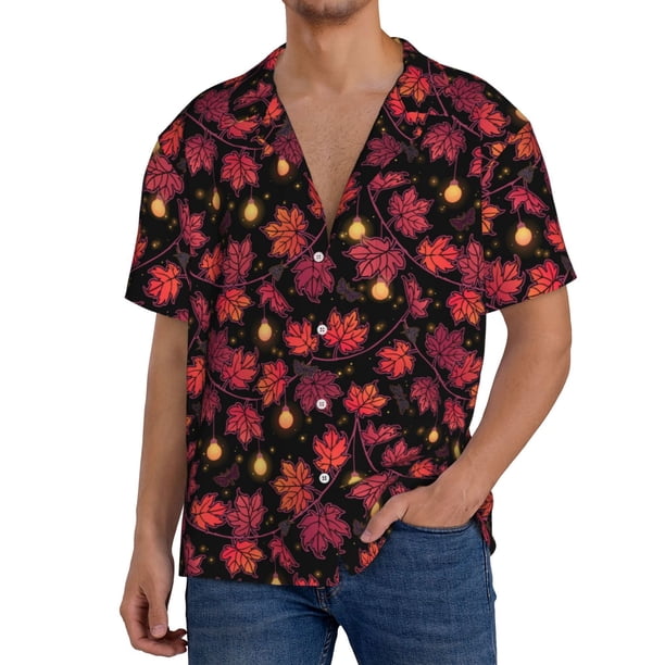 Balery Beautiful Maple Leaf Lantern Camisa Casual de Manga Corta con Botones para Hombre, Texturizada, Estilo Cubano, para Playa, Verano-Small