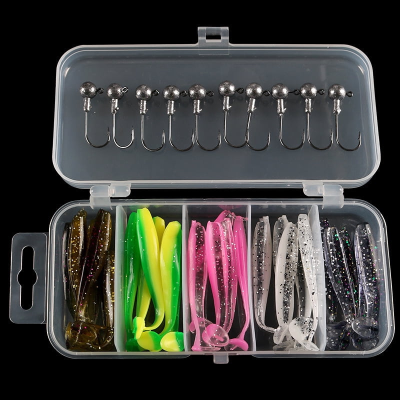 Fishing Lures Jigs Boxed Soft Baits for Bass and Perch, Soft Worms with Spiral Tail, Imitation Bait, Jig Head Hooks