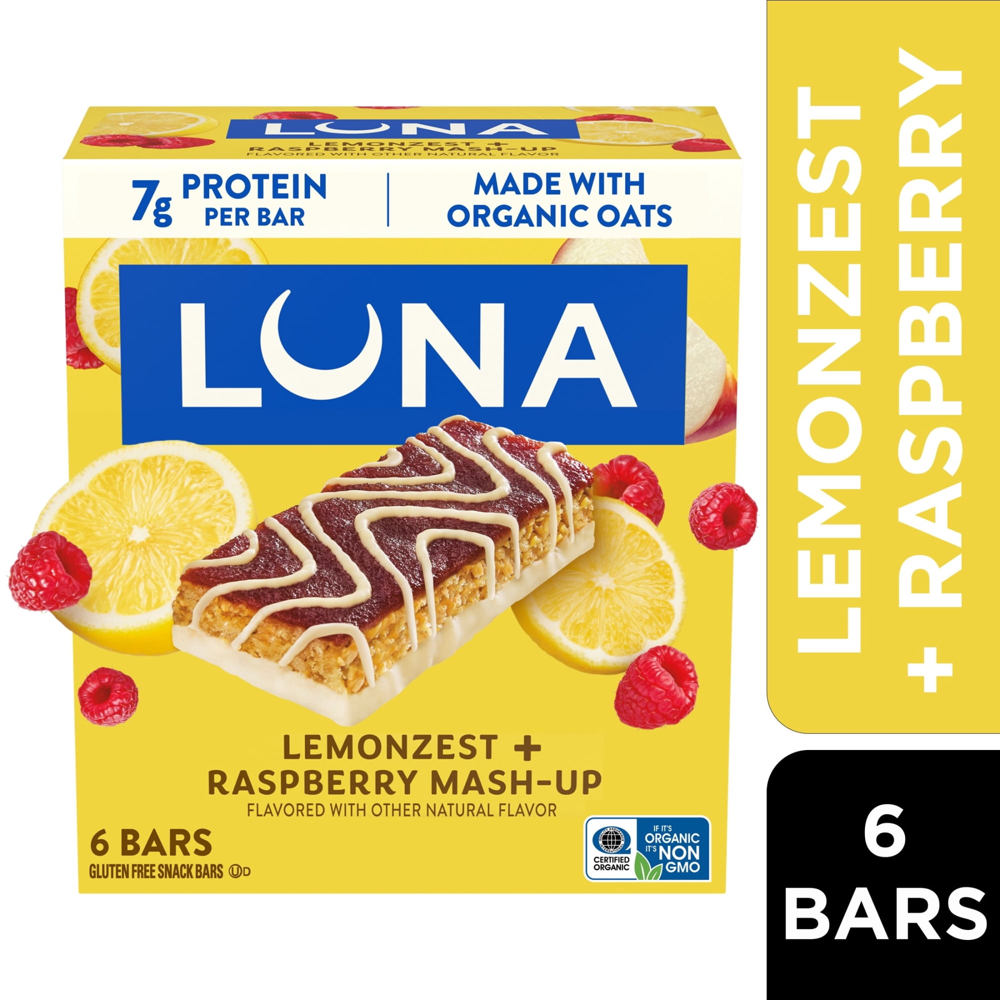 LUNA LemonZest + Raspberry Flavor Gluten Free Snack Bars, Protein Bars, 6 Count