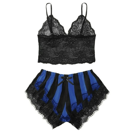 Rigardu lingerie for women Women s Lace Striped Suit Bow Underwear women s lingerie Blue + S