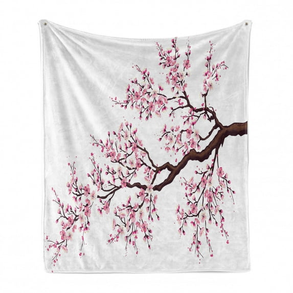 Japanese Soft Flannel Fleece Blanket, Branch of a Flourishing Sakura Tree Flowers Cherry Blossoms Spring Theme Art, Cozy Plush for Indoor and Outdoor Use, 70" x 90", Pink Dark Brown, by Ambesonne