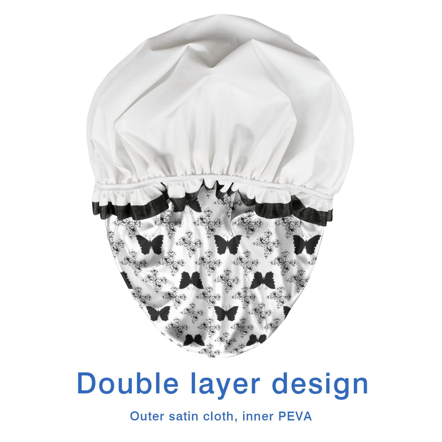 Shower Caps,White Butterfly Black Pattern Waterproof Shower Cap for Women 4 Pieces,Double Reusable Hair Cover for Shower PEVA Elastic Stretch Hem