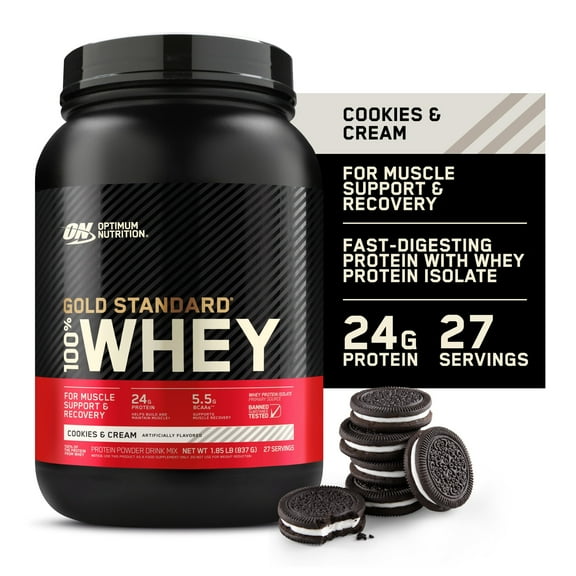 Optimum Nutrition Gold Standard 100% Whey Protein Powder, Cookies & Cream, 24g Protein, 2 Lb