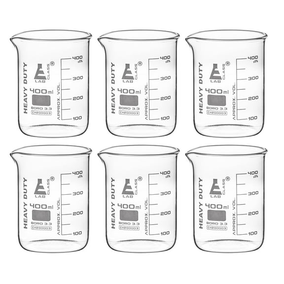 6PK Heavy Duty Beakers, 400ml - 5mm Thick, Uniform Walls - Superior Durability & Chemical Resistance - White Graduations - Borosilicate 3.3 Glass - Eisco Labs