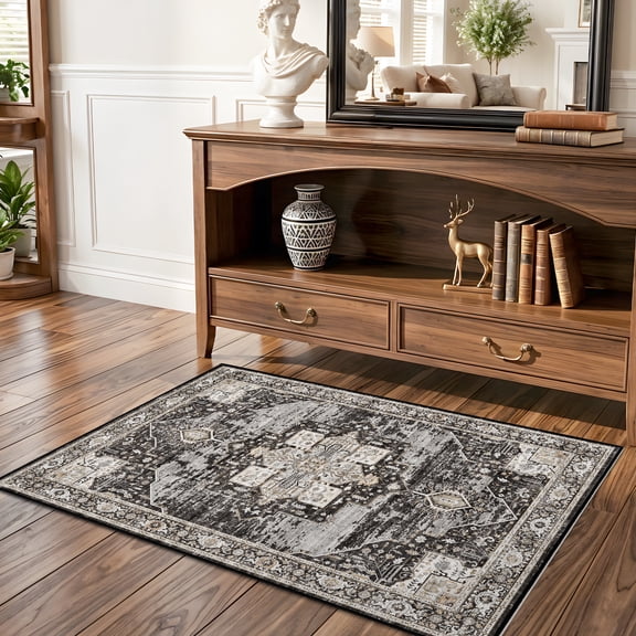 RUUGME Washable 2x3 Area Rugs - Large Boho Rugs for Living Room Stain Resistant Carpet Vintage Tribal Rugs for Bedroom Kitchen Bathroom with Non Slip Backing Home Decor Floor Decoration Mat 2x3 Black