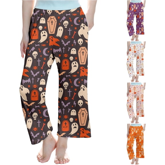 XAOFW Halloween Girls Pants Ghost Skeleton Print Elastic Waistband Straight Leg Pajama Pants Toddler Kids Comfortable Everyday Wear Fall Pants