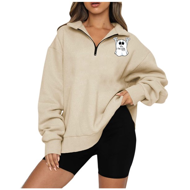 ICHUANYI Clearance Women Casual Printed Halloween Turndown Neck Zipper Long Sleeve Loose Blouse Pullover Tops(Khaki, XL) ICHUANYI WER2023081513817