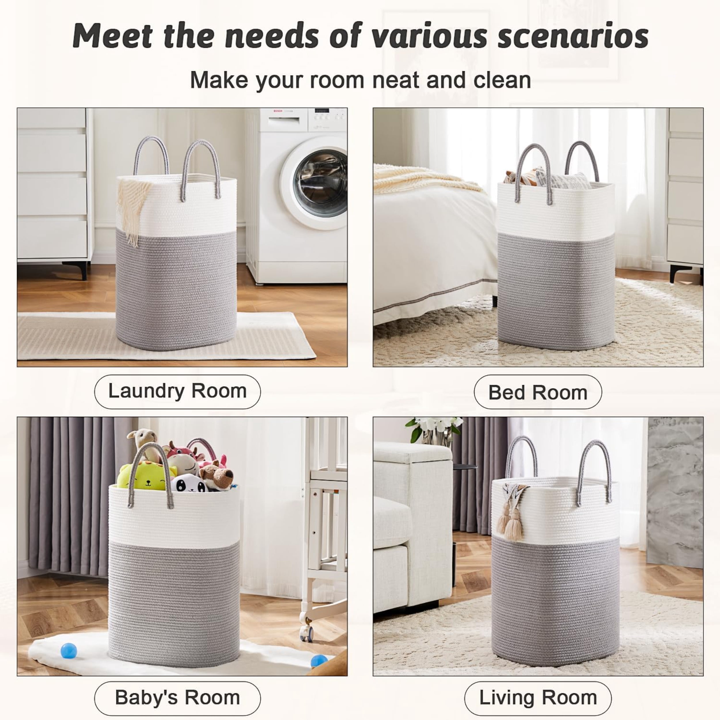 Laundry Basket, Woven Cotton Rope Laundry Hamper, Versatile Storage for Dirty Clothes, Baby Toys, and Blankets in Bathroom, Nursery, and Living Room