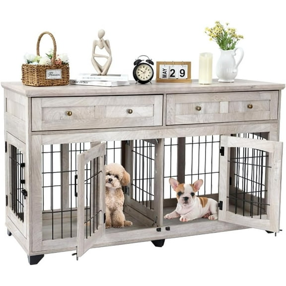 58" Dual-Room Dog Crate Furniture w/2 Drawers, Chew-Proof MDF Kennel Cabinet, Rustic
