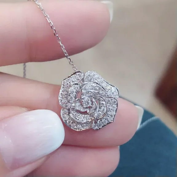 Romantic Rose 925 Silver Necklace Pendant Cubic Zirconia Wedding Jewelry Gift