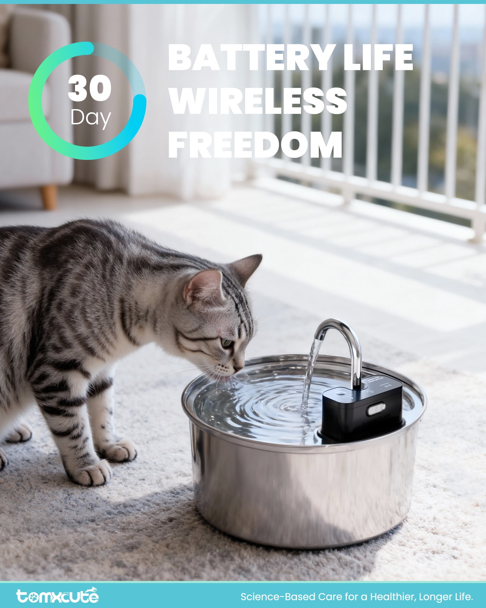 FWMB Wireless Cat Water Fountain Stainless Steel - 108oz/3.2L Automatic Cat Fountain Cordless, Battery Operated Pet Fountain with 3 Modes,  Rechargeable Water Dispenser for Cats, Dogs, Multiple Pets