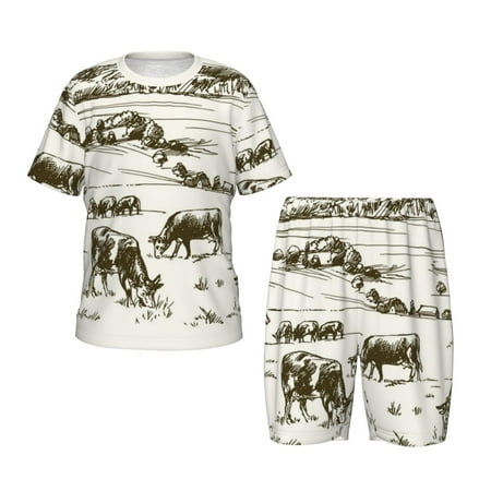 Ocsxa Cows Grazing On The Meadow 1 for Kid s Short-Sleeved Pajamas Set Summer Short Set for Children Round Neck Pjs Set 2pcs Perfect for Little Boys Girls-X-Large