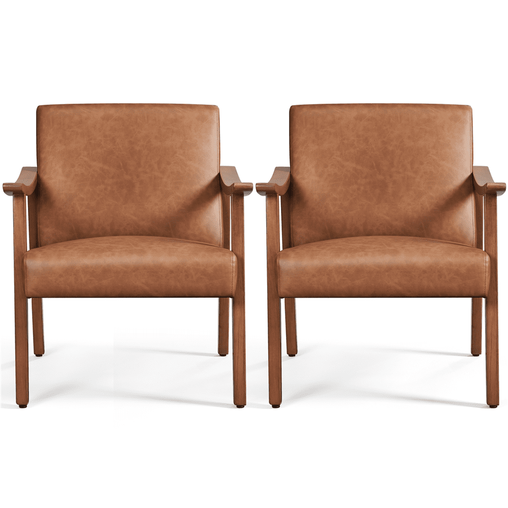 Renwick Mid-Century Modern Faux Leather Accent Chair, Set of 2, Light Brown