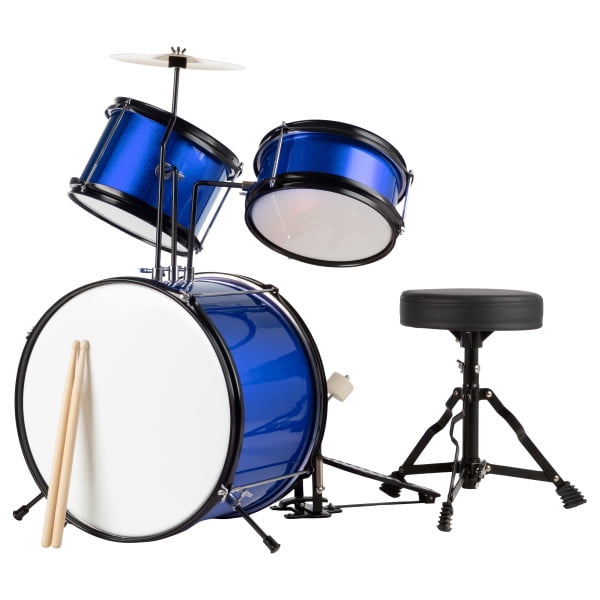 Kids 3-Piece Drum Set with Cymbal, 2 Toms, Bass Drum and Pedal, Drumsticks and Drum Throne for Beginners, Blue by Hey! Play!