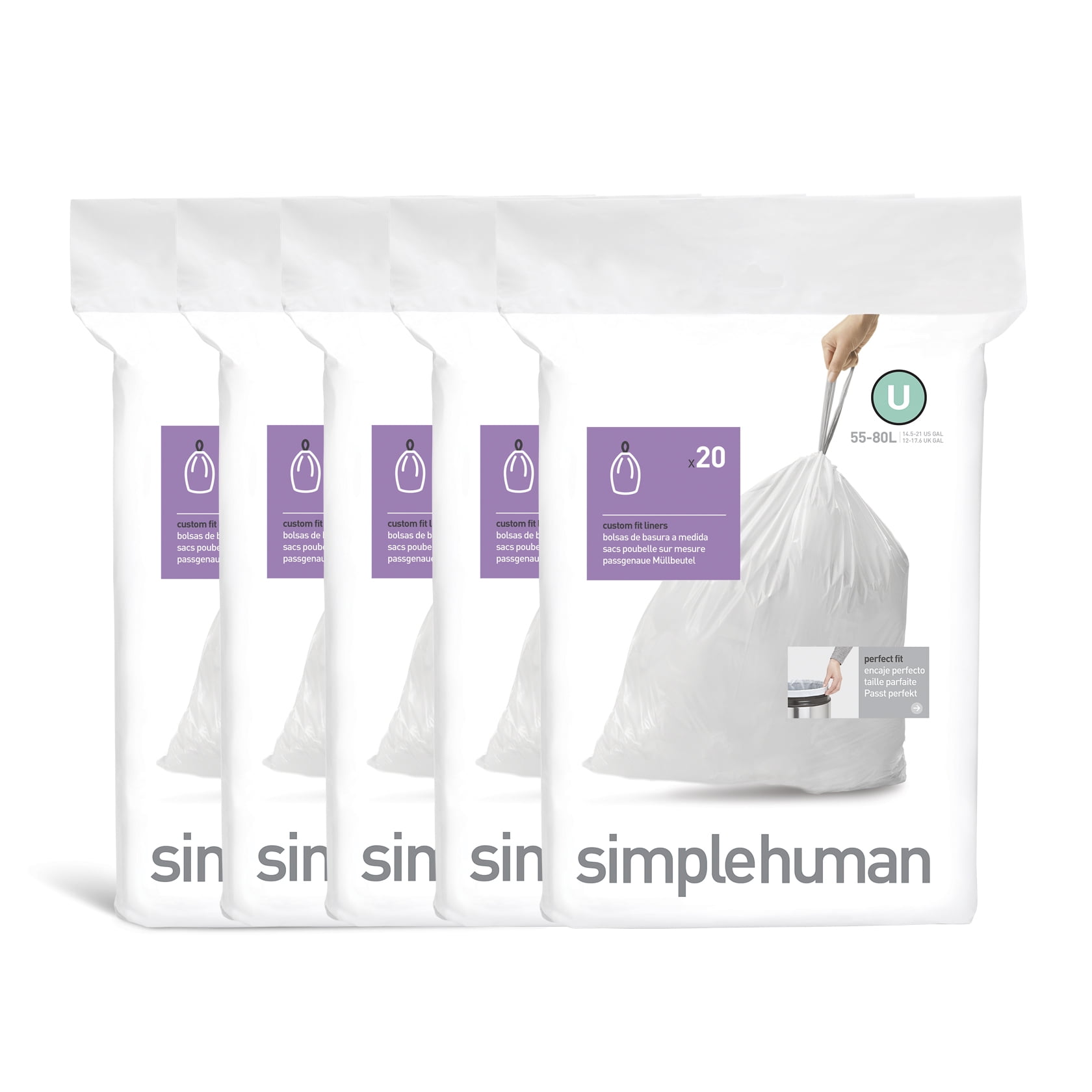 Code Q 20 Ct SIMPLEHUMAN Custom Fit Trash Bags Can Liners Refill Size White Pack 