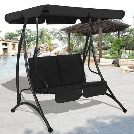 Costway Black 2 Person Canopy Swing Chair Patio Hammock Seat Cushioned Furniture Steel