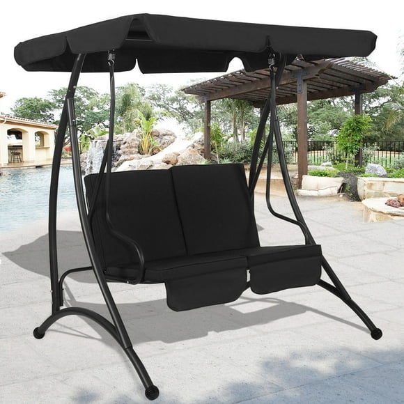Costway Black 2 Person Canopy Swing Chair Patio Hammock Seat Cushioned Furniture Steel