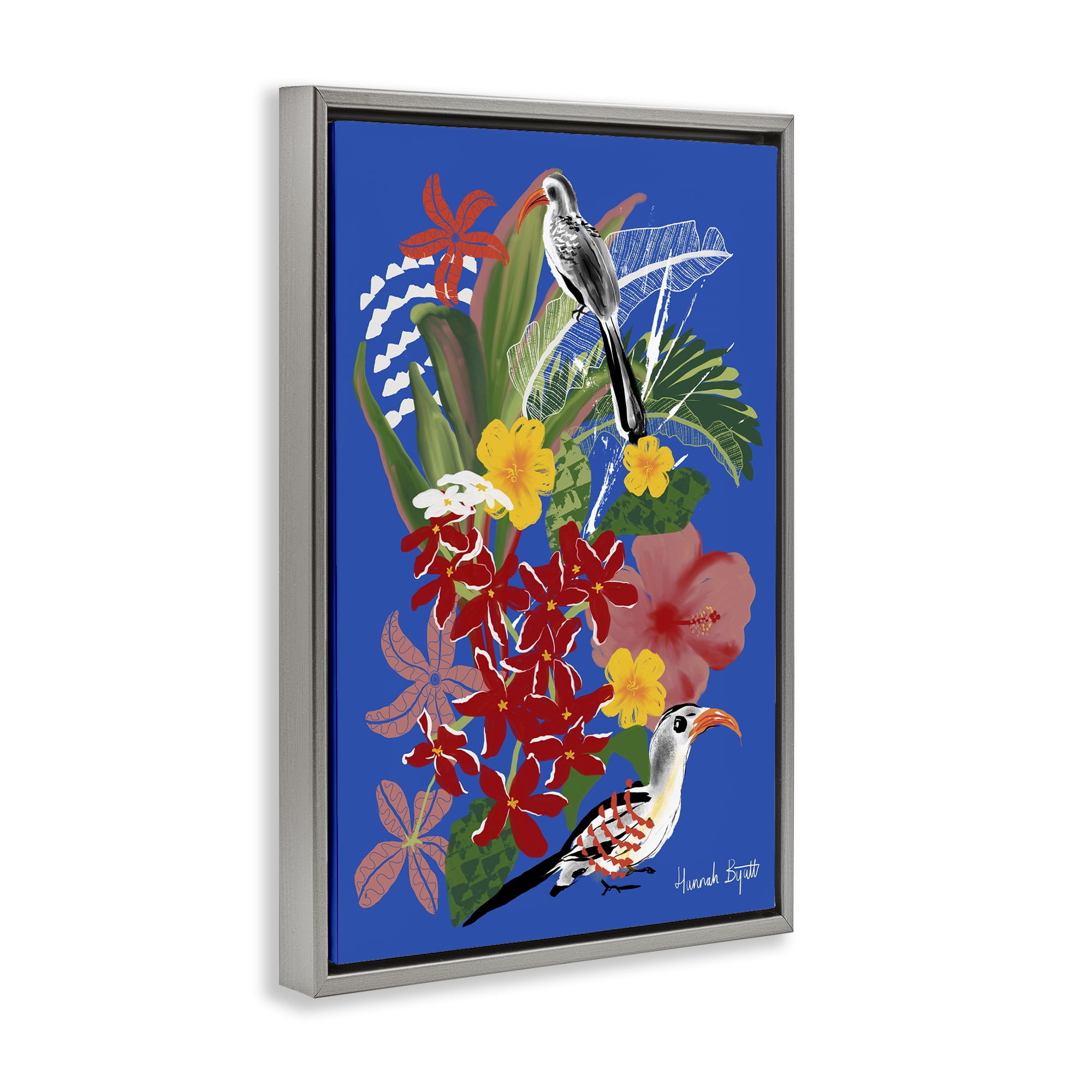 Stupell Industries Gambia Inspired Botanicals Animals Painting Gray Floater Framed Canvas Art Print Wall Art, 21 x 31
