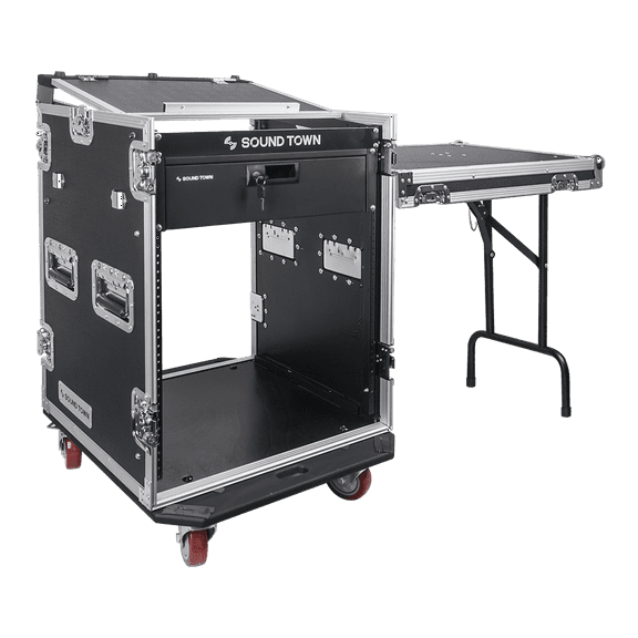 Sound Town 14U PA DJ Pro Audio Rack/Road ATA Case with 11U Slant Mixer Top, Locking Drawer, Side Table, 20’’ Rackable Depth and Casters - Pro Tour Grade (STMR-14TD3)