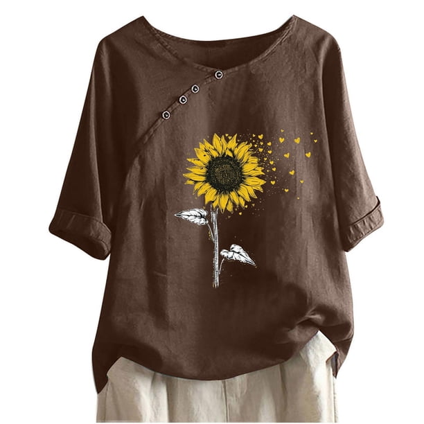 Blusas de Manga Corta para las Mujeres Impresas Cuello Redondo Camiseta Casual, Blusa de Algodón de Imitación para las Mujeres