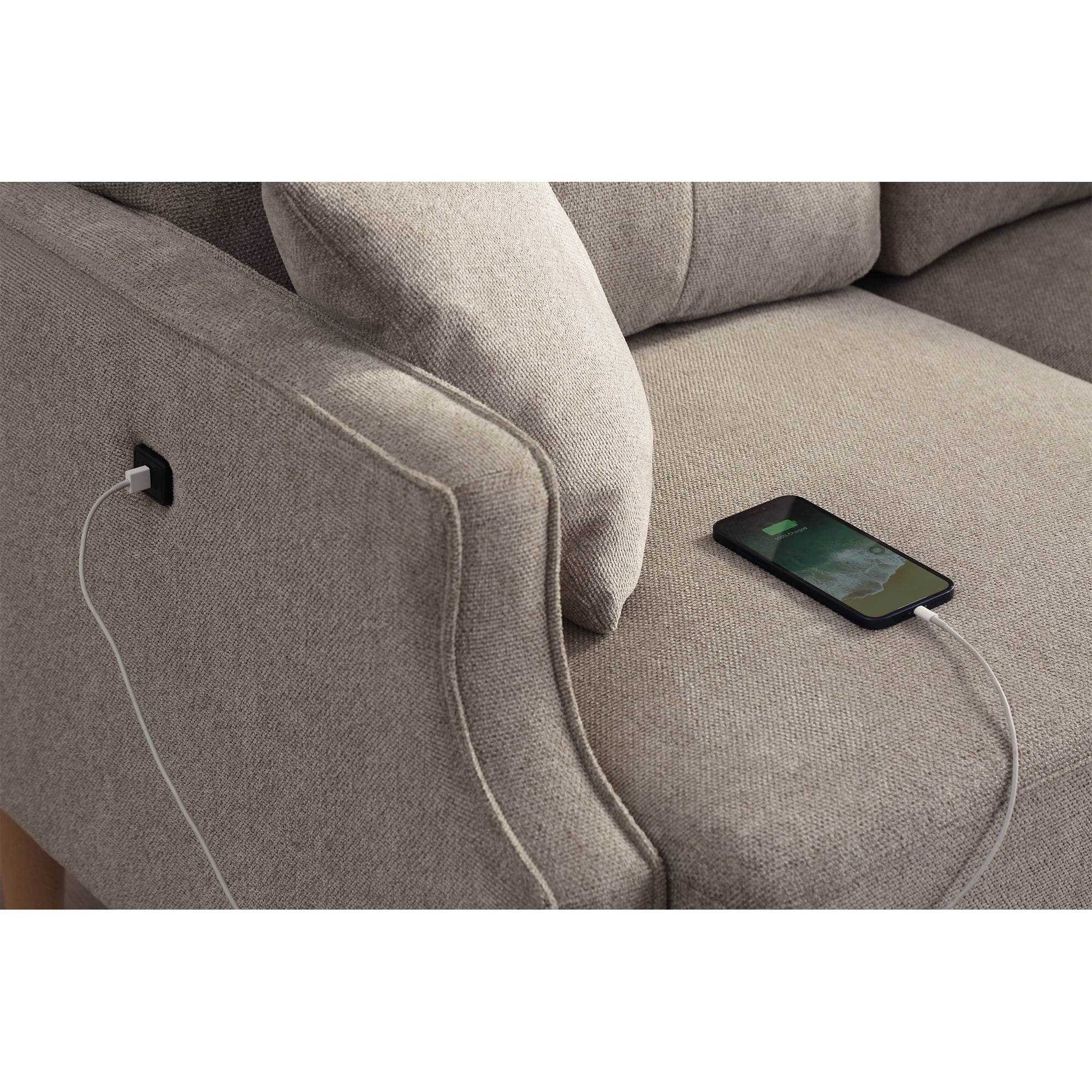 MAYEERTY 3-Seater Gray Sofa with USB Charging, Waterproof Fabric, High-Density Foam Cushions, for Living Room or Apartment