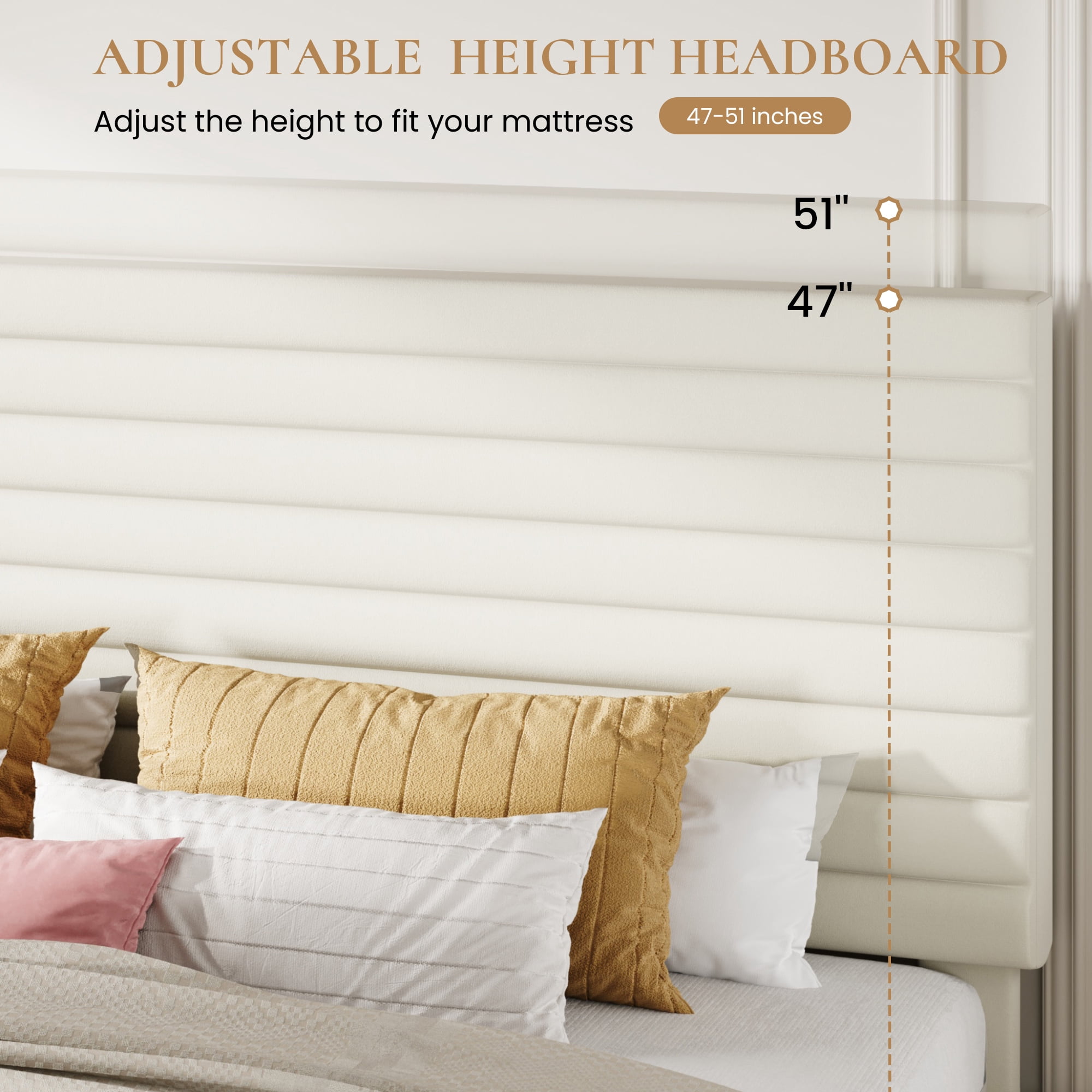 Sha Cerlin King Size Platform Bed Frame with Velvet Adjustable Headboard, No Box Spring Needed, Cream White