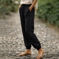 thumbnail image 2 of Women's Linen Pants with Pockets Side Lace Trim Trendy Beach Vacation Casual Trousers Elastic Bottom (XL, Black), 2 of 7