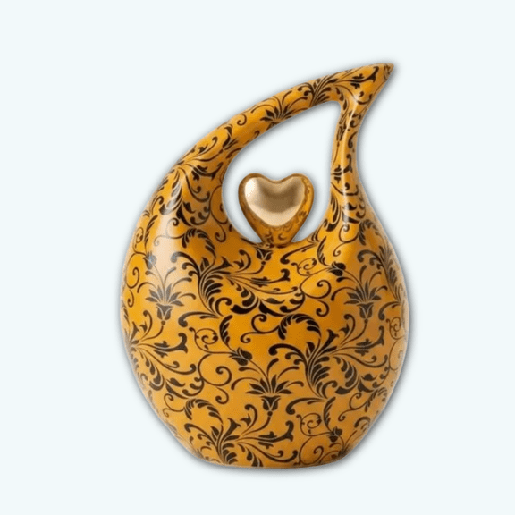 Large 10.5" Teardrop Cremation Urns for Human Ashes Adult Female Male -  Yellow Damask Ceramic Memorial Urns with Gold Heart, 200 Cubic Inches