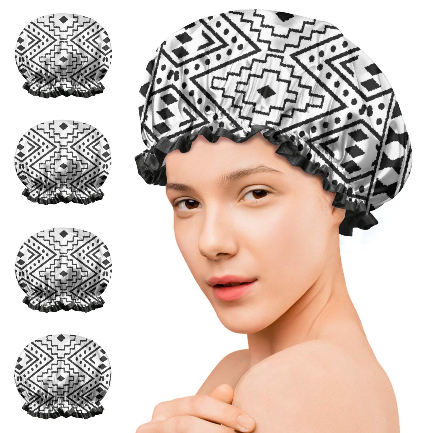 Shower Caps,Black Geometric Diamond Pattern Waterproof Shower Cap for Women 4 Pieces,Double Reusable Hair Cover for Shower PEVA Elastic Stretch Hem