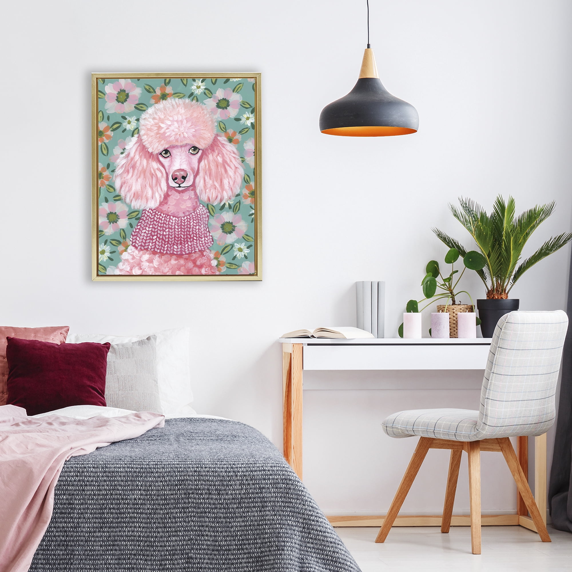 Stupell Industries Floral Poodle In Pink Gold Framed Floater Canvas Wall Art, design by Yvette St. Amant