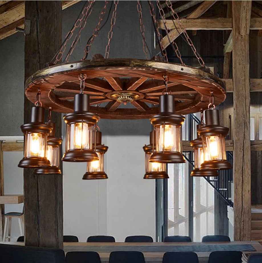 AFANQI 8-Lights Vintage Pendant Light Wagon Wheel Chandelier Pendant Ceiling Fixtures