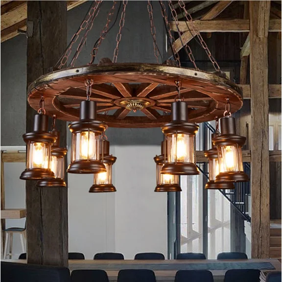 More Change 8-Lights Vintage Pendant Light Wagon Wheel Chandelier Pendant Ceiling Fixtures