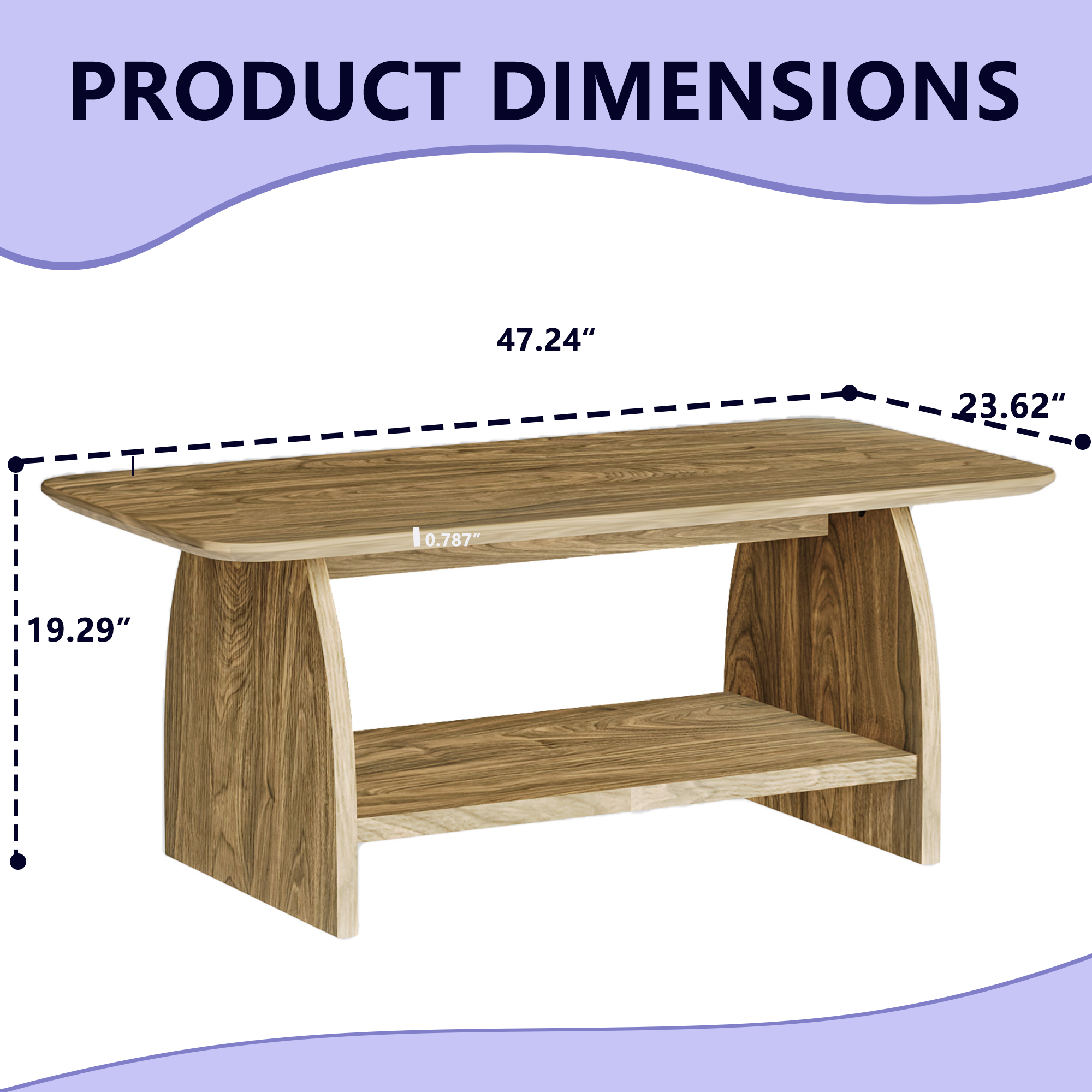 47" Modern Double Layer Rectangular MDF Coffee Table Rounded Corners Storage for Living Room Yellow