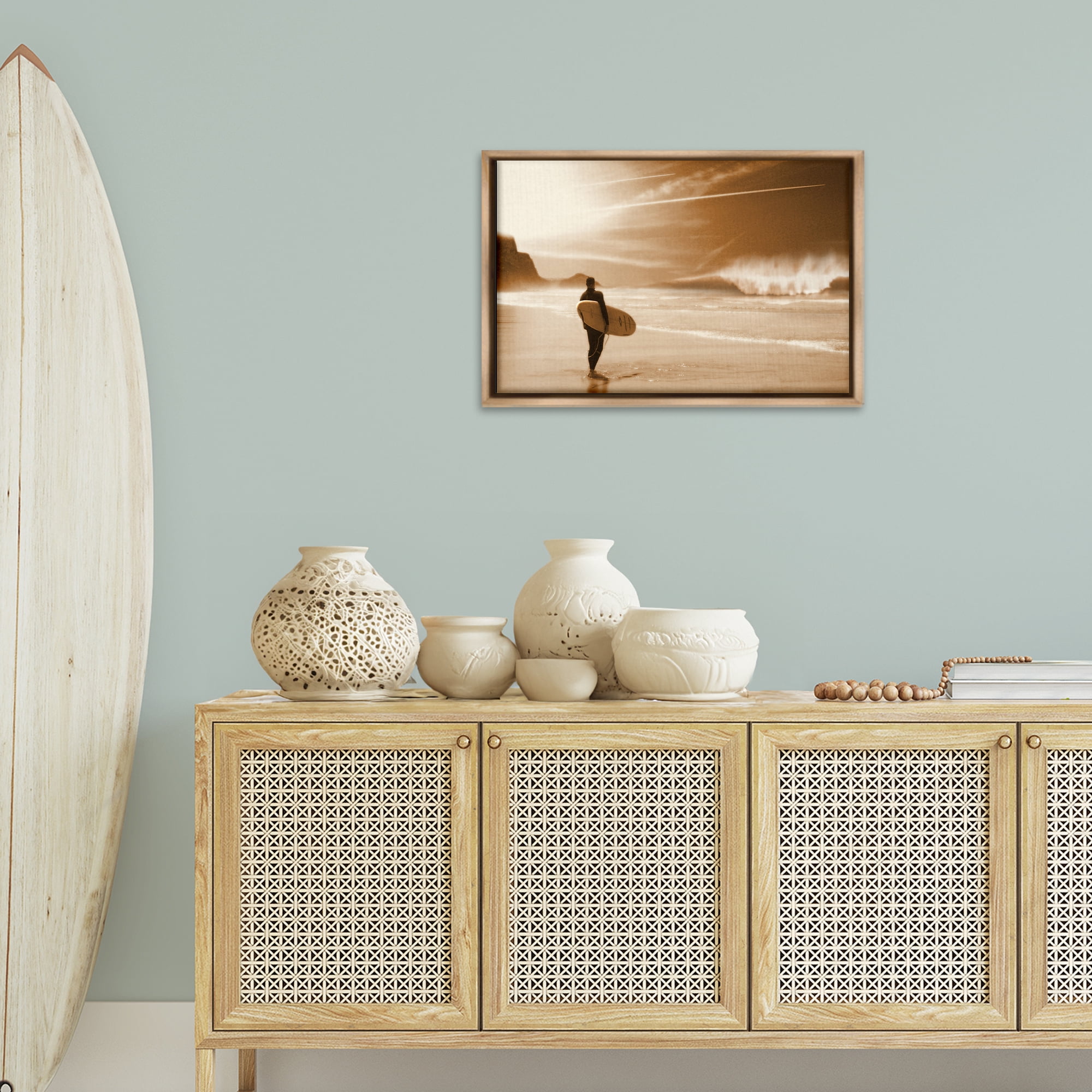 Stupell Industries Out Of The Sun Surfer Coastal Photography Brown Floater Framed Canvas Art Print Wall Art, 25 x 17