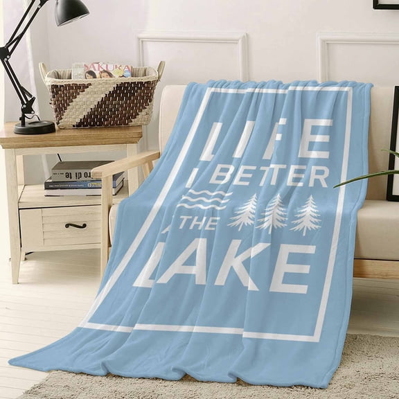 Fleece Blanket Summer Life Lake Quote Blankets, Soft Cozy Warm Flannel Throw Blanket, White Stripe Blue Back Blanket for Bed Couch Sofa,40x50In