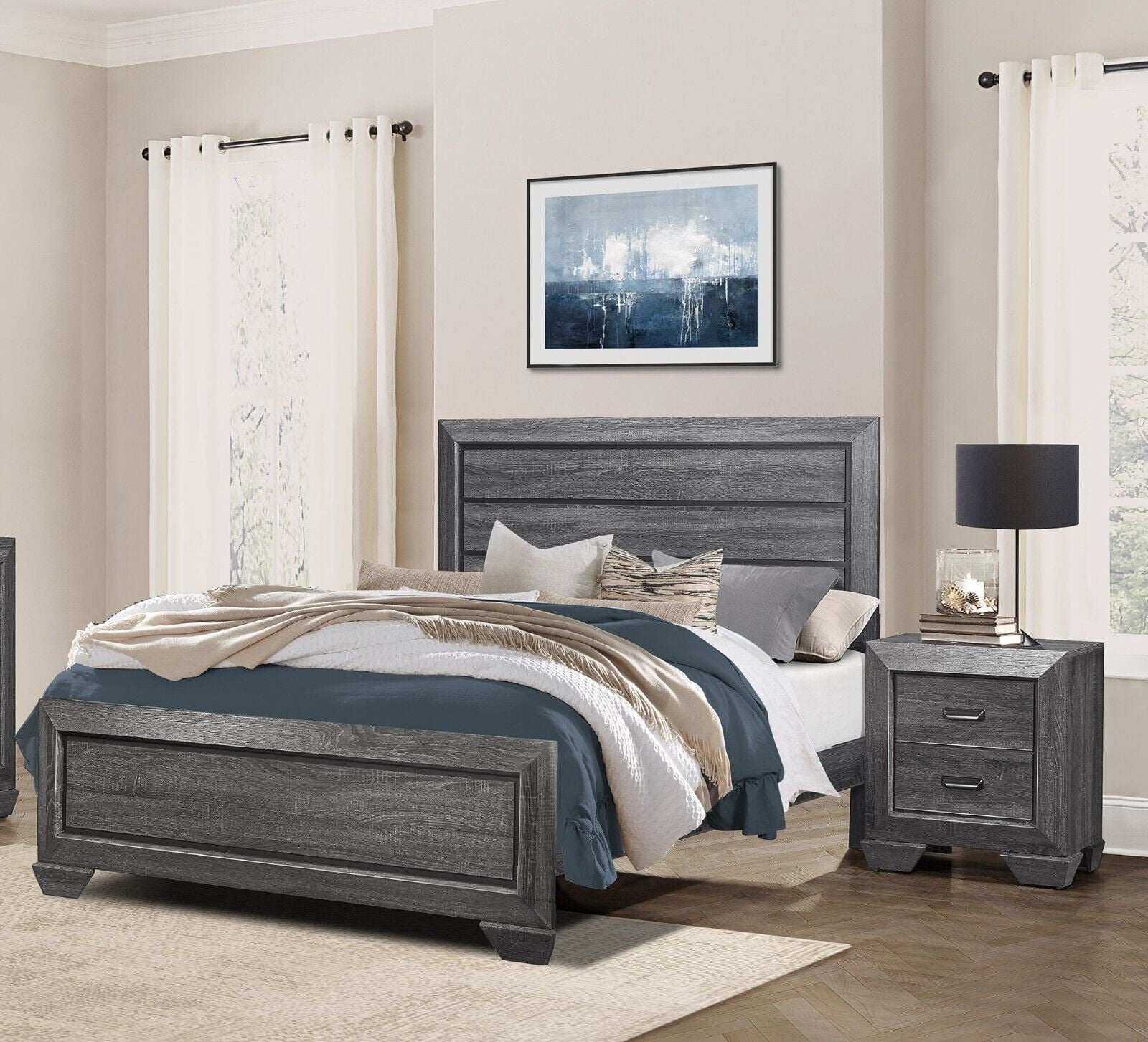 Contemporary 3pc Bedroom Set Gray Finish Full Size Bed Nightstand