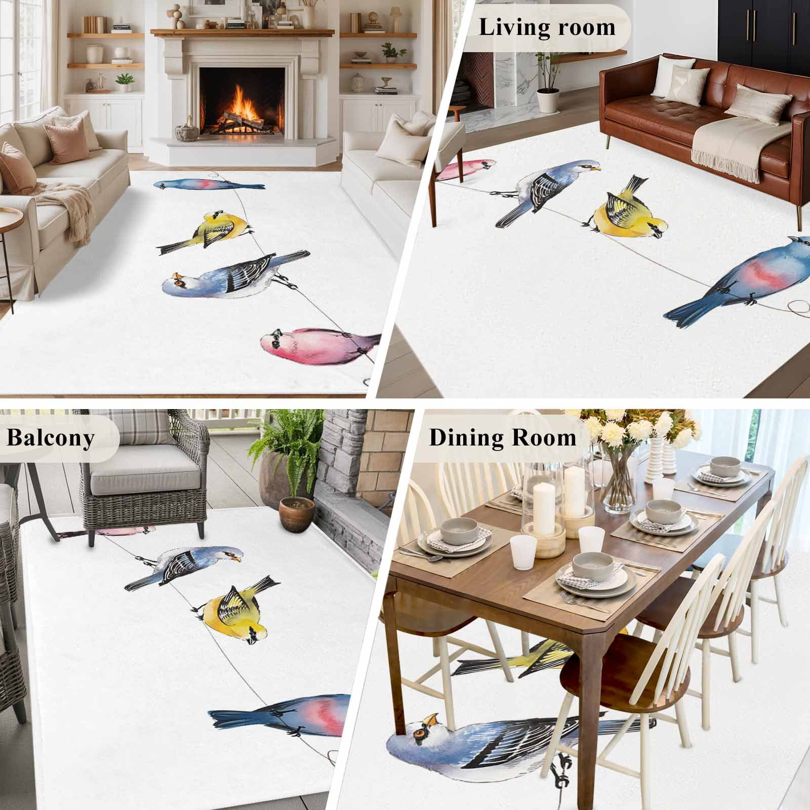 Watercolor Birds Area Rugs 6'x9', Washable Small Throw Rugs for Kitchen Dining room, Spring Animal Rustic Indoor Outdoor Rug Non-Slip Low Pile Carpet Runner Reversible Floor Mats