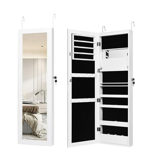 12 LEDs Mirror Jewelry Cabinet, Wall/Door Mounted Jewelry Organizer Cabinet with Large Storage Capacity, Lockable Jewelry Armoire with 53.5” Full Length Mirror for Home, Apartment, White
