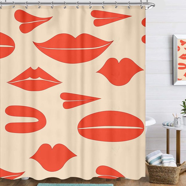 GFDYREE Rideau de Douche Vintage Esthétique Lèvres Rouges 60"L X 72"H Matisse Beige Tendance Funky Français Groovy Love Girl Éclectique Ensemble d'Accessoires de Salle de Bain Déco de Dortoir Collège Tissu Imperméable 12 Plast