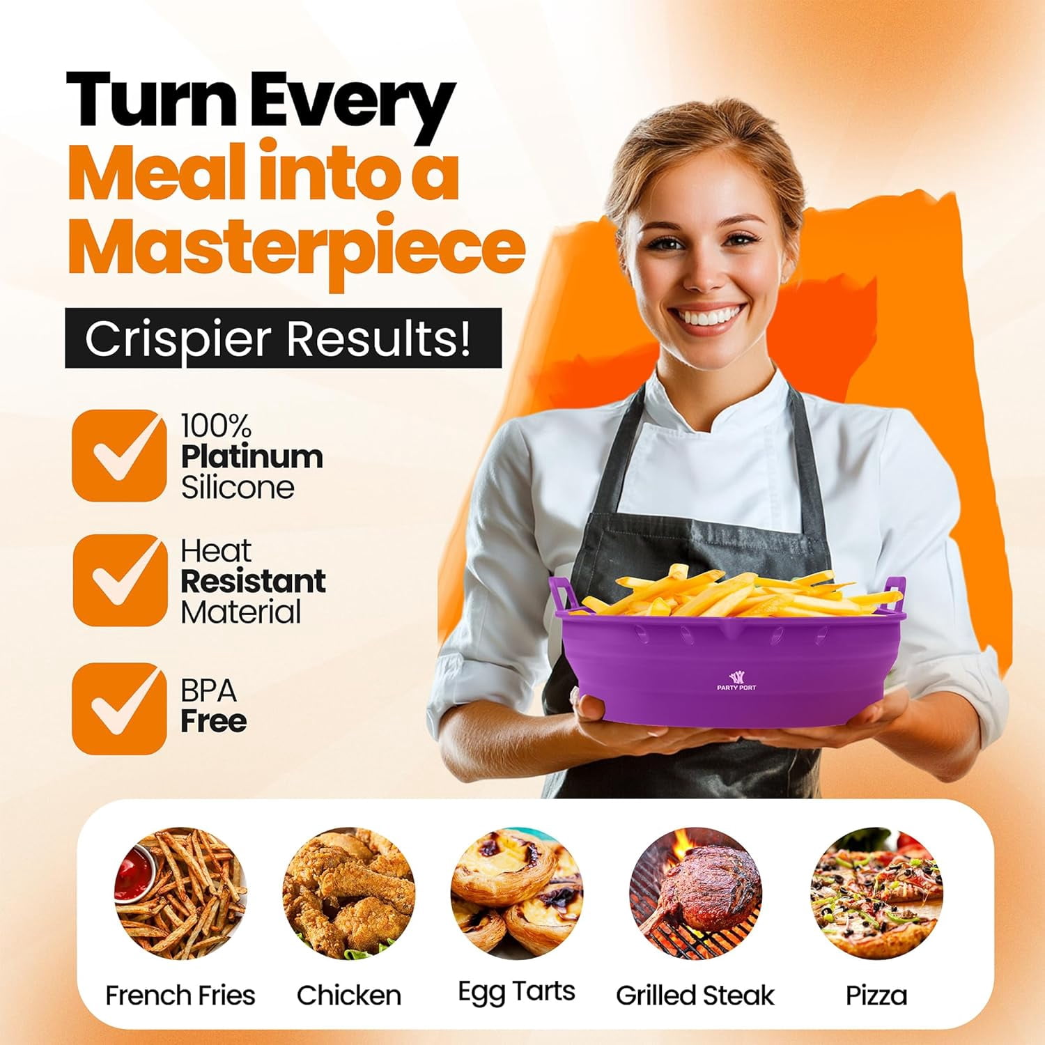 JJEAN-Platinum Silicone Air Fryer Liners Reusable Square-Extra Strong-Easy to Clean Air Fryer basket for Oven Microwave Accessories - BPA Free - Food Safe Pot for 5.8QT to 8 QT - 9 Inch