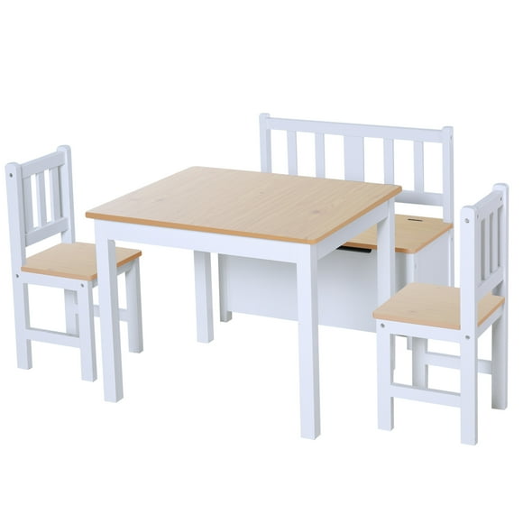 Qaba 4-Piece Set Kids Wood Table Chair Bench with Storage Function Easy to Clean Gift for Girls Boys Toddlers Age 3 Years up Natural and White